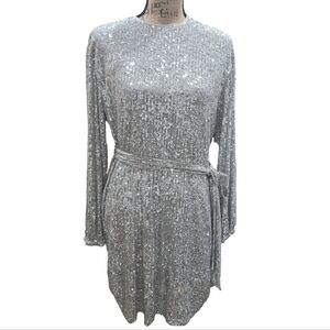 Express Silver Sequin Long Sleeve Dress with Belt -- Size Small